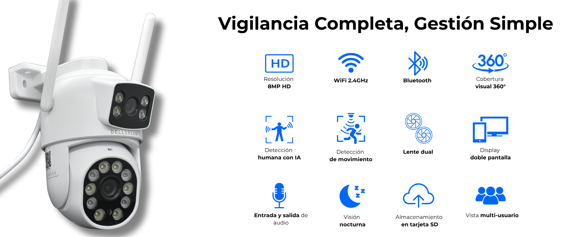 Mantené todo bajo control con esta cámara de seguridad 360° en alta definición 8MP. Ofrece cobertura visual completa gracias a su rotación horizontal de 355° y vertical de 90°, eliminando puntos ciegos. Cuenta con detección humana con inteligencia artificial para alertas precisas y visión nocturna para vigilancia continua. Soporta conexión WiFi 2.4GHz, almacenamiento en tarjeta SD y audio bidireccional. Incluye función multi-usuario, lente dual y display doble para monitoreo simultáneo desde cualquier lugar.